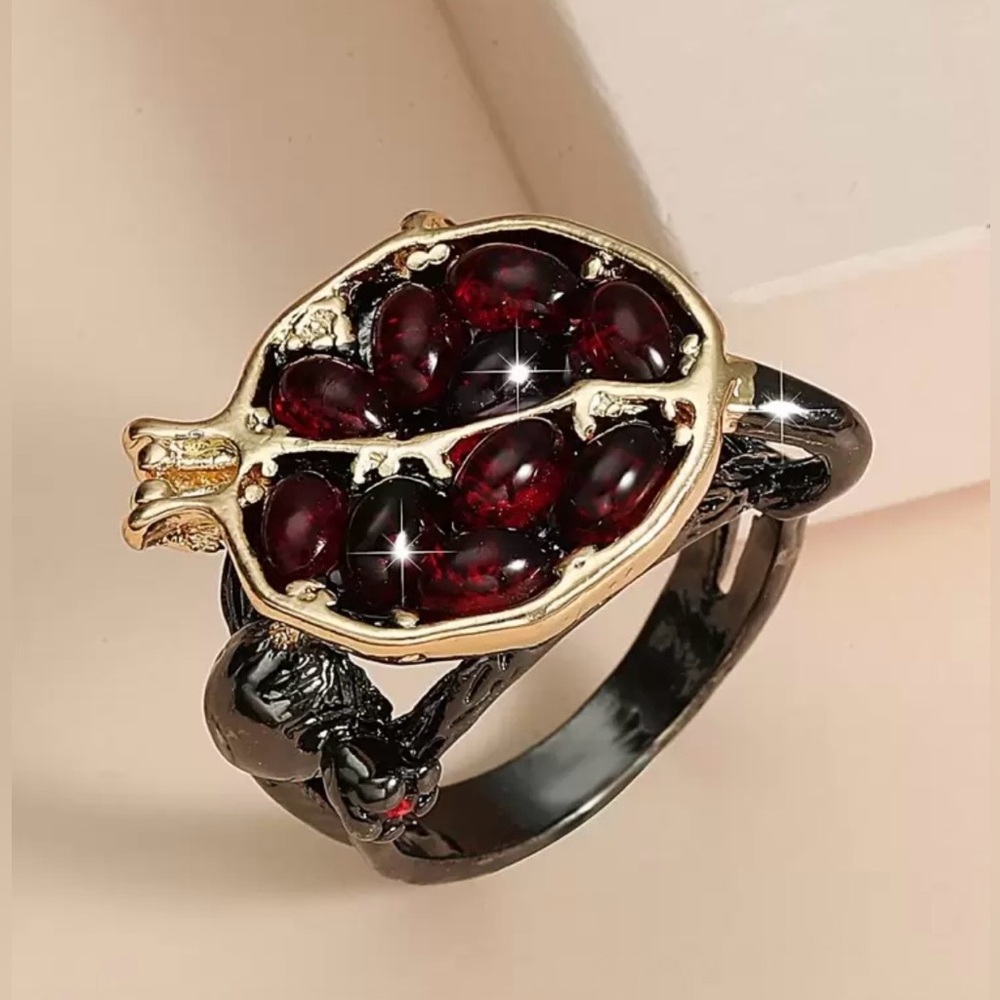 New Gold & Black Pomegranate Ring with Deep Red Gemstones